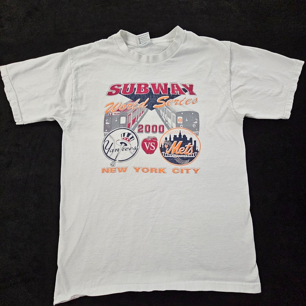 Subway World Seres Mets Yankees 2000 White Short Sleeve Cotton T-Shirt Men's M